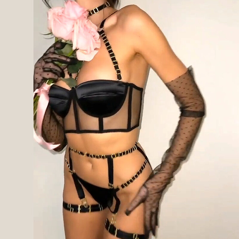 Diccvicc lingerie feminina preto ver através de malha sexy renda lingerie push up sutiã e conjunto de calcinha senhoras vestido ternos trajes eróticos