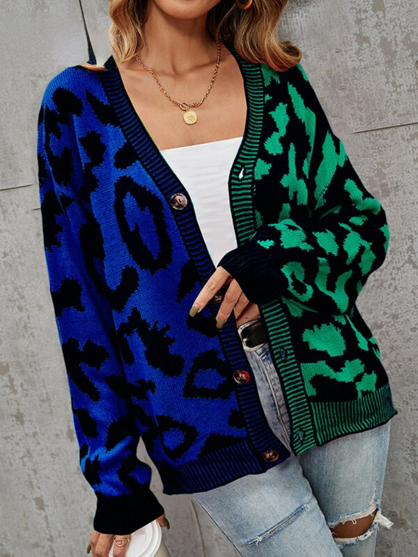 여성 스웨터 니트 가디건 가을, 겨울 옐로우 레오파드 프린트 스웨터 여성 V 넥 느슨한 버튼 여성용 웜 튜닉