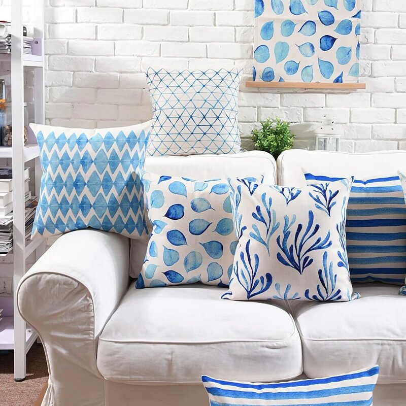 Fodera per cuscino natalizio blu acquerello mediterraneo lino geometrico biancaneve fodera per cuscino divano decorazioni per la casa cuscino da tiro