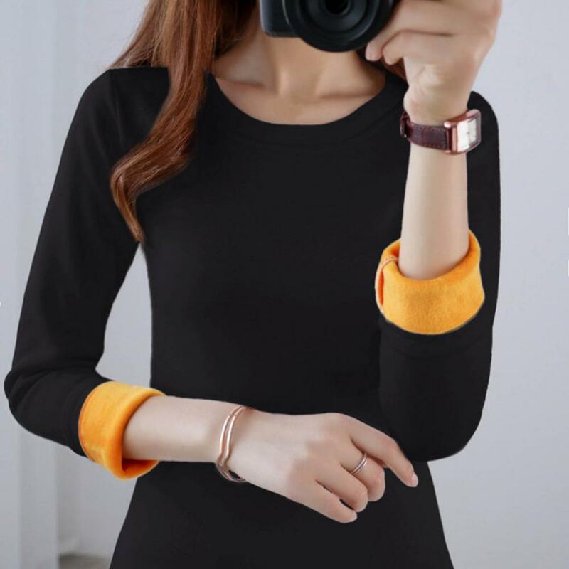 Trendy Women Pullover Top Skin-touch Thermal Blouse O-Neck Stretch Fleece Lined Pullover Top  Keep Warm