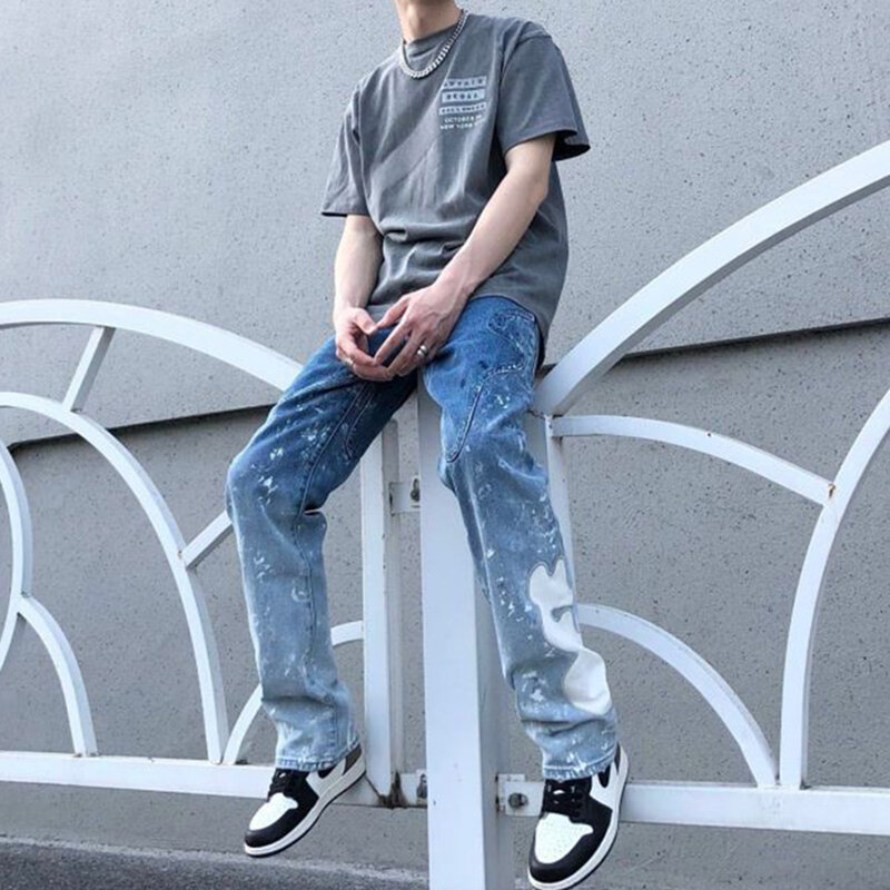 Amerikanischen Straße Gradienten Splashed Ink Graffiti Jeans männer Flut Marke Gerade Bein Lose Alte Gewaschen Retro Casual Hosen Hosen