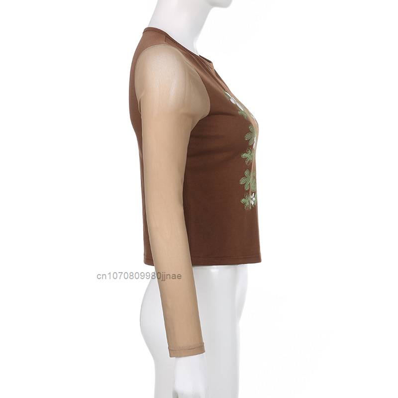Koszulka z długim rękawem kobiety w stylu Vintage nadrukowana moda krótkie bluzki Y2k dziewczyna jesień Streetwear Harajuku Slim cienkie dno długi Tee topy