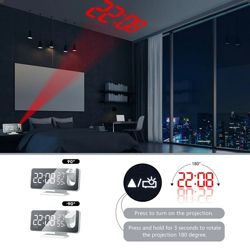วิทยุดิจิตอล LED นาฬิกาปลุกสมาร์ทนาฬิกาอิเล็กทรอนิกส์ Desktop USB 180 ° Projection Snooze สีดำ