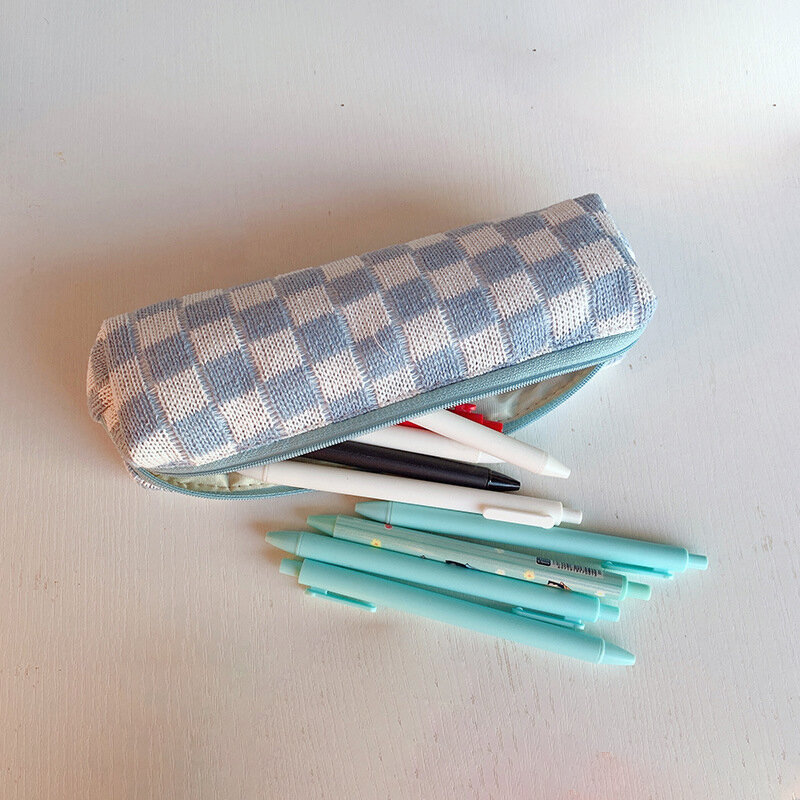 Bolsa de lápiz forrada personalizada para estudiantes, tejido de punto a cuadros, larga y redonda, con cremallera