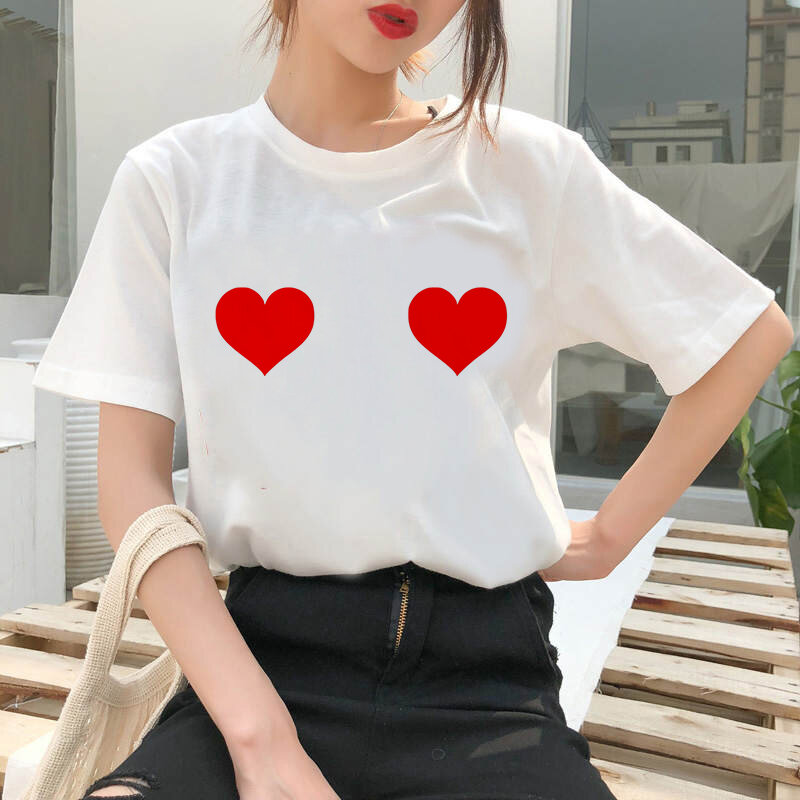 Women T Shirt Summer New 90s Heart Shaped Printed Ladies Casual Graphic Short Sleeve T Shirt Oversized Top Tee Shirts Clothing