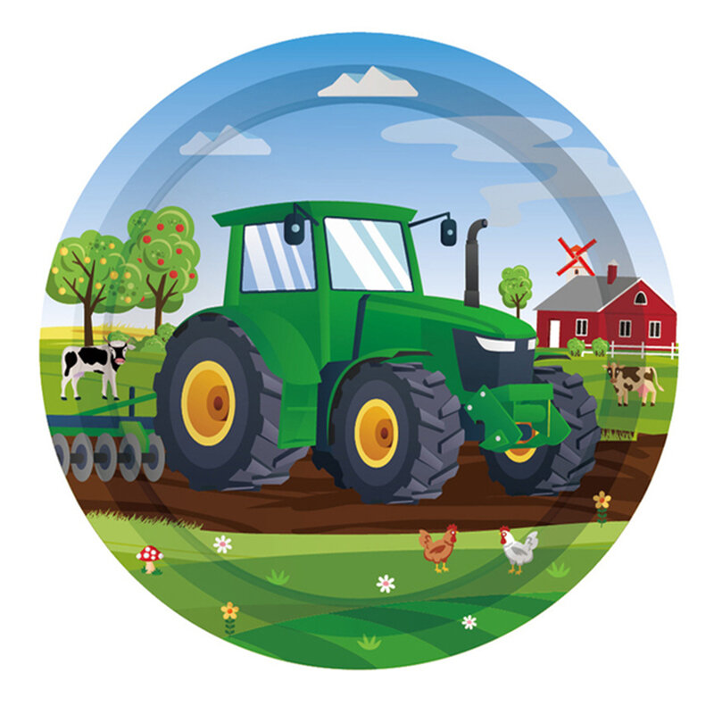 Green Tractor Party Supplies Disposable Tableware Cup Plate Plastic Tablecloth Truck Vehicle Excavator Kids Birthday Party Decor