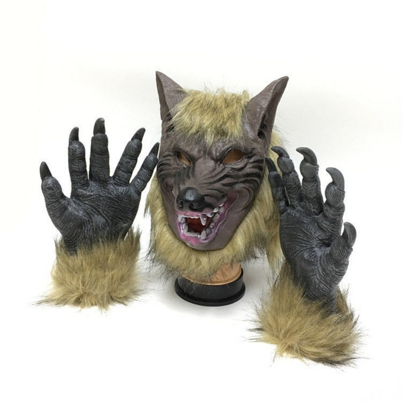 Assustador lobo traje halloween cosplay máscara de lobo lobisomem garras conjunto luvas terror diabo fantasia cocar adereços brincadeira lobo chapelaria