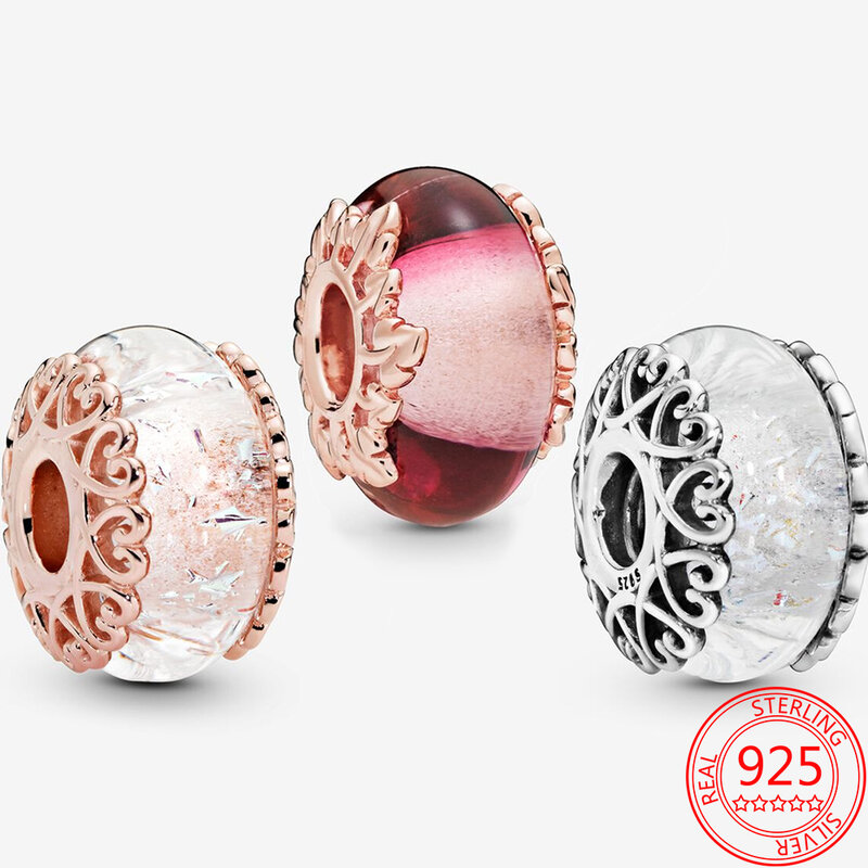 925 prata esterlina rosa ouro decoração pingente de vidro adequado para pandora original pulseira diy jóias charme fazendo o natal
