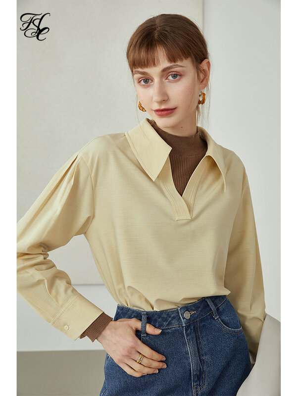 FANSILANEN-여성용 긴 소매 v넥 폴로 넥 캐주얼 탑 셔츠, 여성 패션 의류, 여성 2021 셔츠 블라우스
