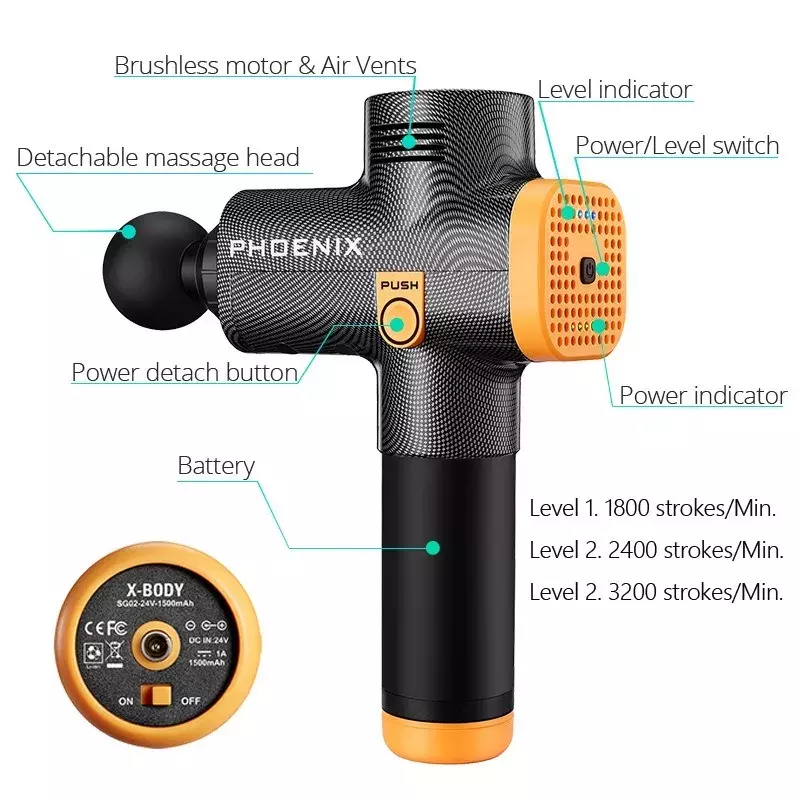 Phoenix-pistola de masaje profesional A2, estimulador muscular EMS para relajación deportiva, con pantalla LCD de mano, 4 y 6 cabezales