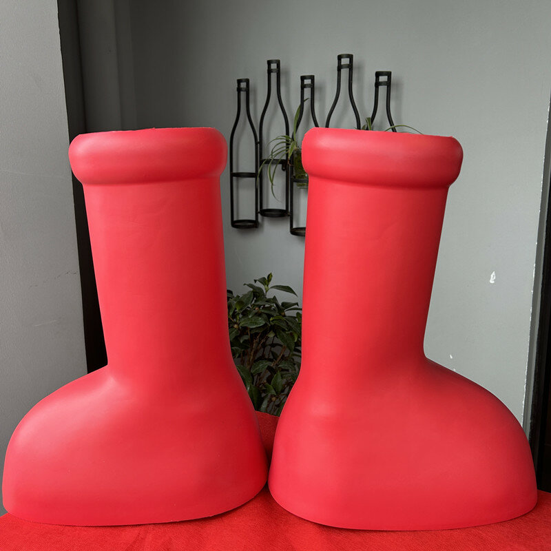 Big Red Boots Astroboy Women Men Party Runway Shoes Red Rain Boots Thick Bottom Round Toe Slip-On High Quality Fashion Boots