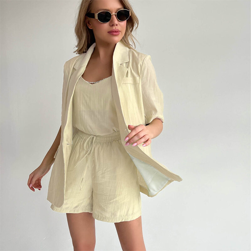 여름 정장 코트 짧은 소매 턴 다운 칼라 버튼 탑 여성 의류, 단색 캐주얼 복장 패션 아웃웨어 정장 코트