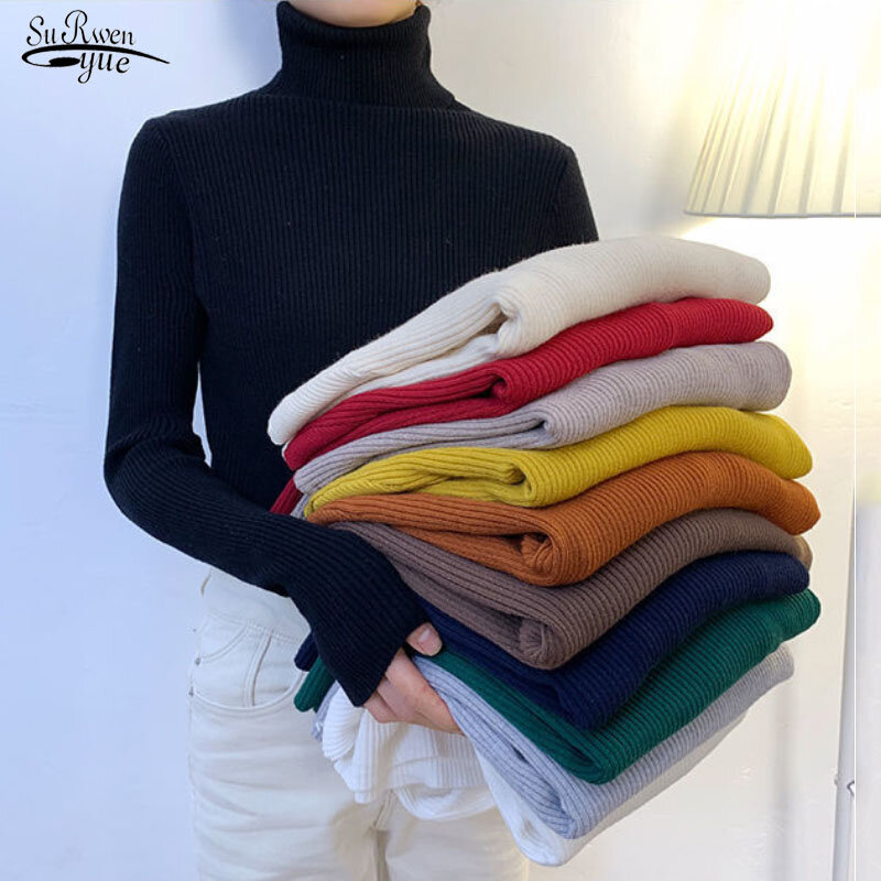 Jersey de cuello alto para mujer, jersey de manga larga elástico, básico y Simple coreano, Tops de Color sólido para otoño 2022