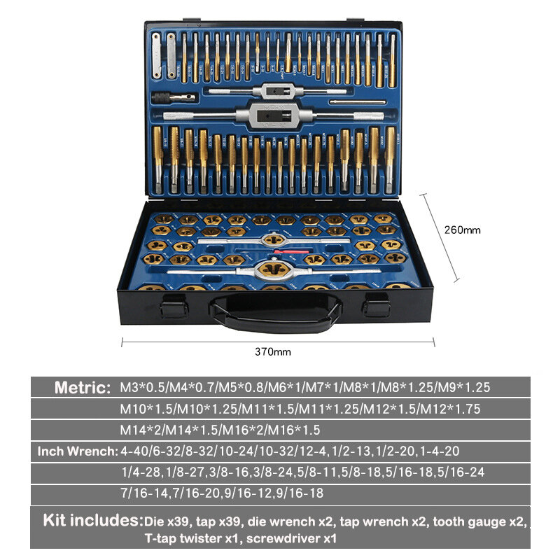 86 peças conjunto de rosca macho fêmea métrica e rosca de parafuso em polegadas kit de ferramentas de oficina mecânica kit de chaves de aço de tungstênio