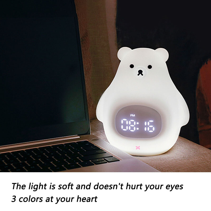Lampu Malam Beruang Putih Led Lampu Silikon Waktunya Remote Control Warna-warni untuk Anak-anak Kamar Tidur Anak Jam Alarm Lampu Samping Tempat Tidur