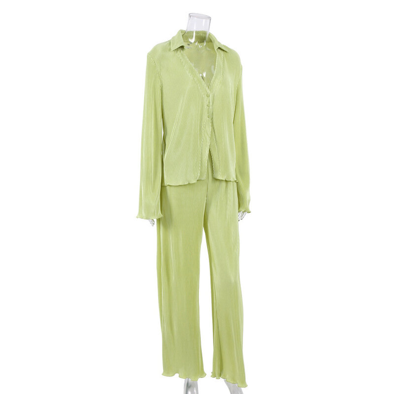 Adogirl – ensemble deux pièces Vintage plissé champignon pour femmes, chemise à manches longues, col en V, pantalon droit et large, survêtement, 2022