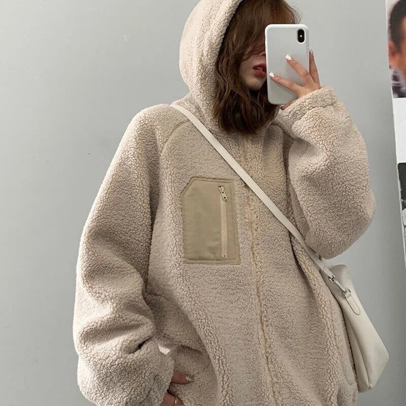 Casaco de lã de cordeiro com capuz e cashmere casaco de lã de inverno feminino comprimento médio polar velo solto casaco de cardigan quente