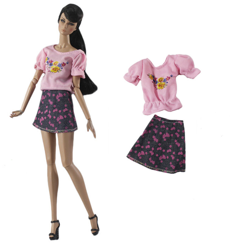 NK Resmi 1 Buah Rok Modis Kaus Merah Muda Jeans Gaun Pakaian Pesta untuk Boneka Barbie Aksesori Mainan Rias