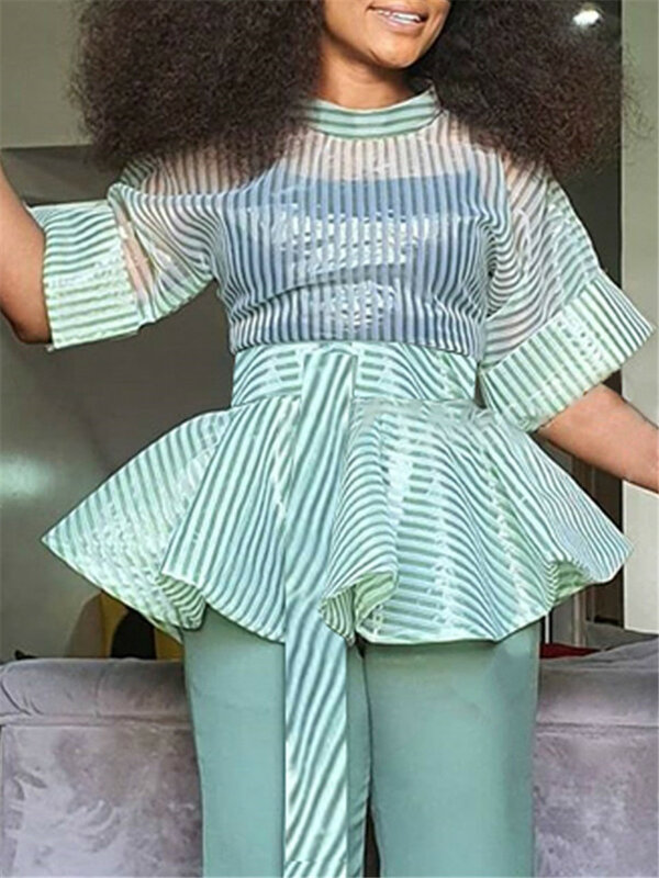 Women Blouses Sexy Thin Transparent Striped Waist Belt See Through Peplum Tops Shirt Big Size Fashion Bluas Party Date Birthday