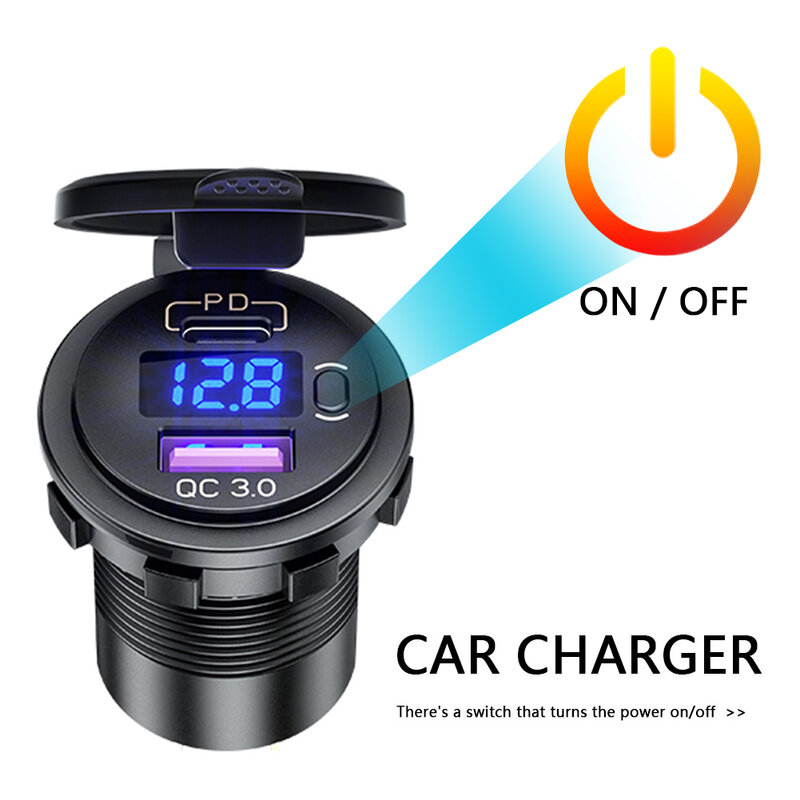 Car PD Type C/QC 3.0 USB Charger with Switch Socket Power Outlet Adapter Waterproof for 12V 24V Car Truck Boat RV Motorcycle