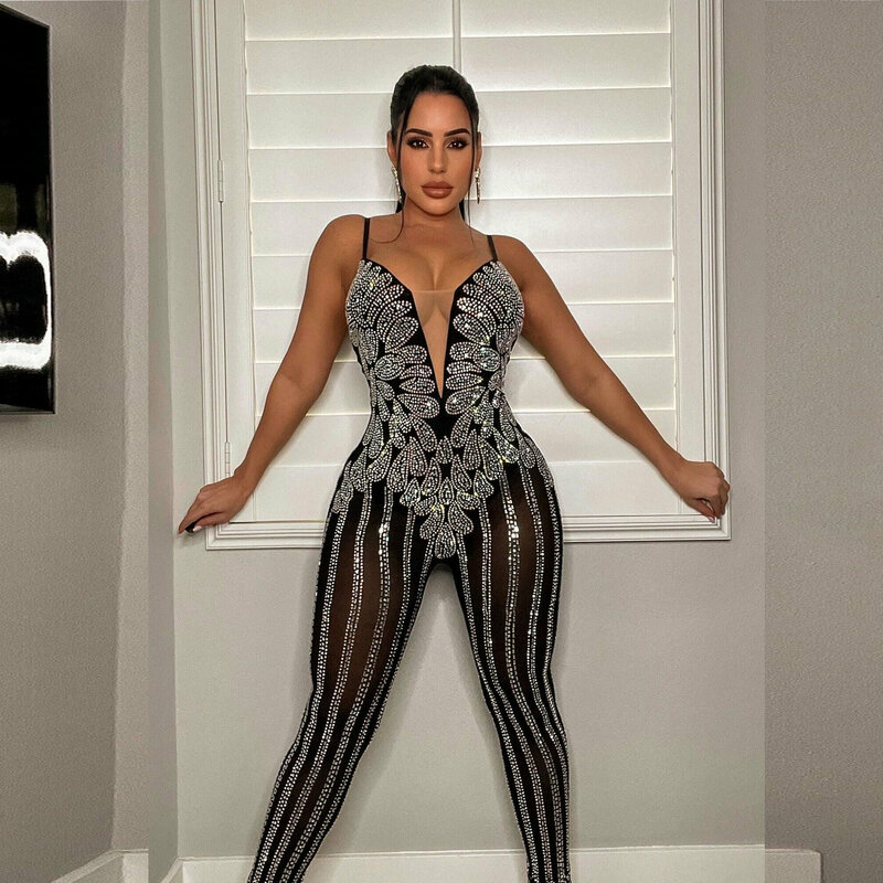 Wishyear 2022 Summer Crystal Rhinestone Sexy Bodycon Jumpsuit for Women See Through Mesh Pants Birthday Party Club Outfits