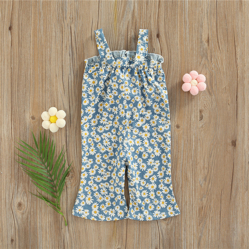 Newborn Baby Girl's Jumpsuit Summer Suspender Sleeveless Daisy Printed Playsuits Patchwork Bowknot Decorated Romper