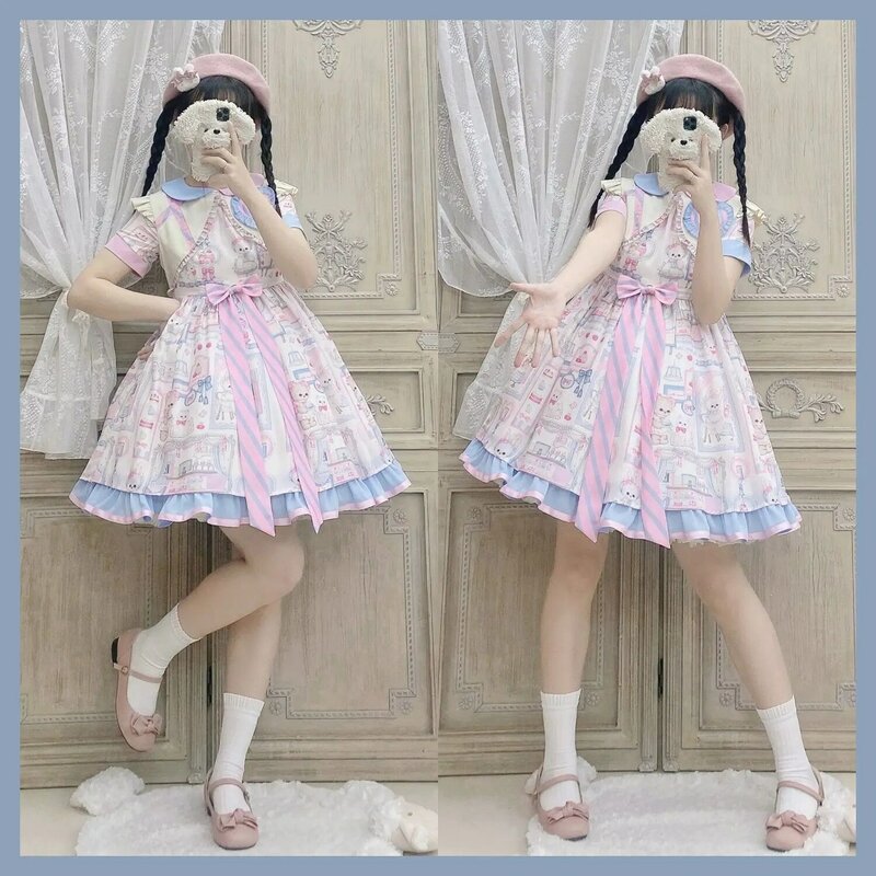 Nowy Kawaii sukienka Lolita Vintage Kawaii z nadrukiem kreskówkowym sukienka Lolita kobiet miękka styl dla dziewczyn urocza sukienka koronkowa princeska