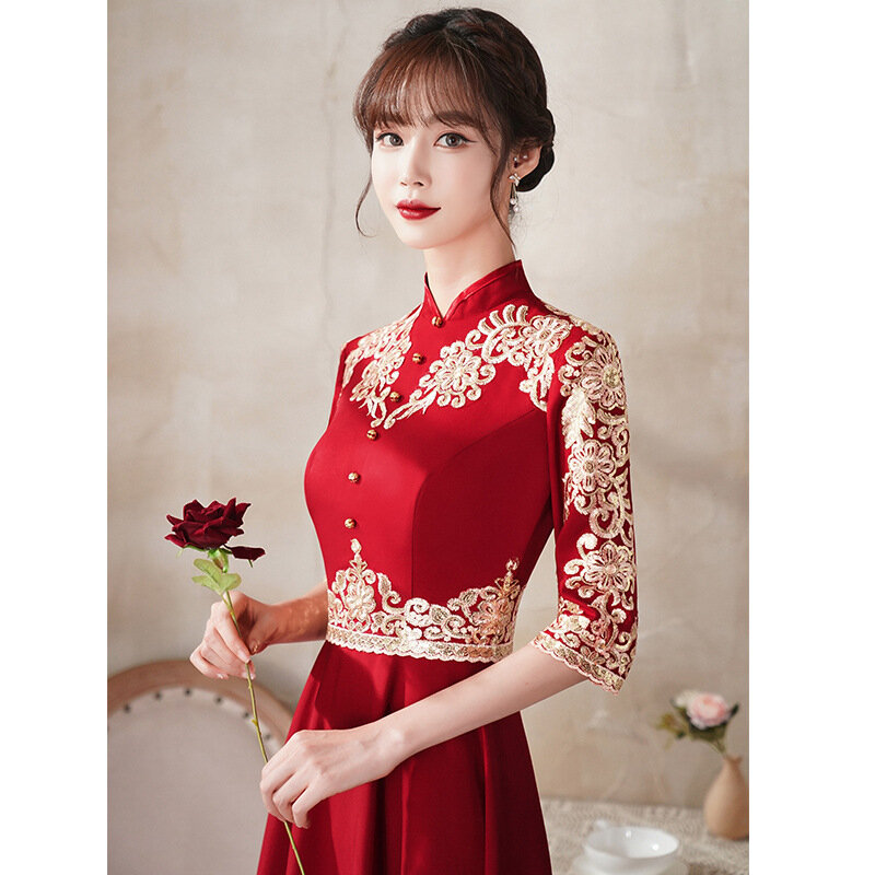 Chinês retro verão vinho-vermelho longo cheongsam casamento/vestido de noivado (com bordado) levante-se colarinho-mangas médias
