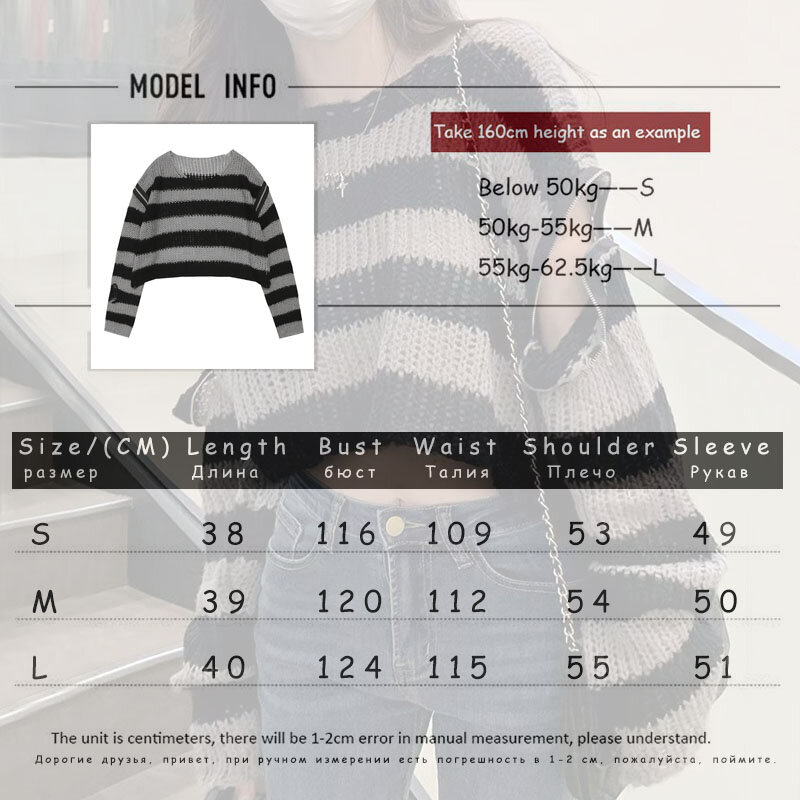 Women's Short Ripped Sweater Off-the-shoulder Zipper Loose Knit Striped Crew Neck Long Sleeve Top Thin Gothic Style Pullover