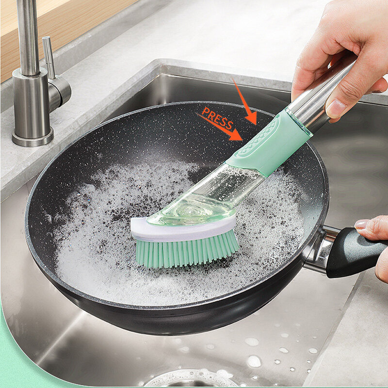 Cepillo de limpieza de mango largo 3 en 1 con cabezal de cepillo extraíble, dispensador de jabón y esponja, Juego de cepillos para lavar platos, herramientas de cocina