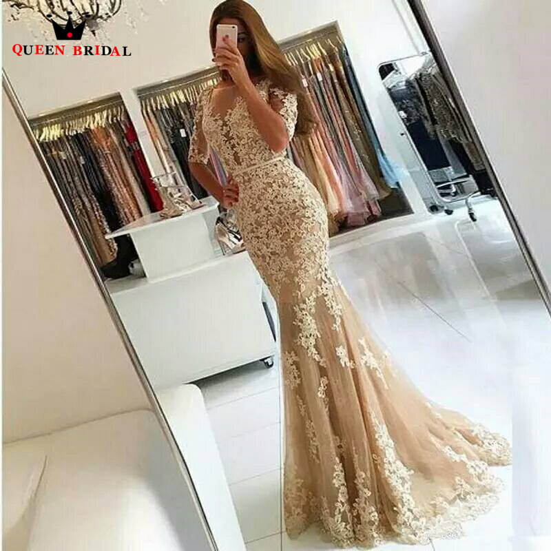 Champagne sereia vestido de noite com decote em v applique meia mangas roupões de soirée ilusão sem costas robe de soiree feito sob encomenda qw45