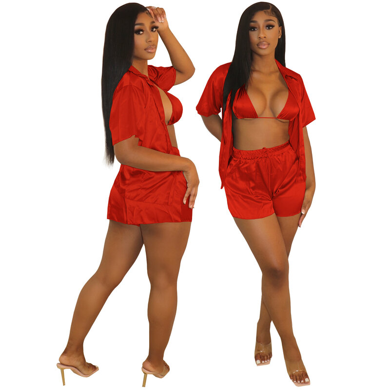 Tracksuit 3 Piece Set Bra + Shirt + Short Pants Solid Color Tracksuit Sportsuit Clothes For Women Casaul Outfit