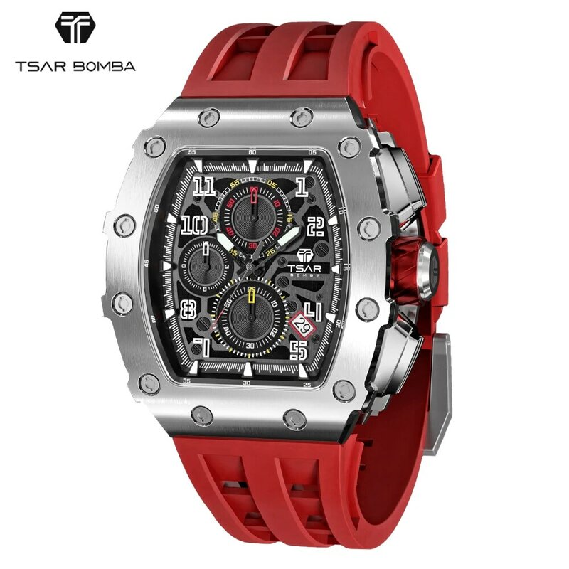 TSAR BOMBA Relógio masculino de luxo de alta marca quartzo tonneau relógio de pulso 50 m à prova d'água safira relógio cronógrafo moda