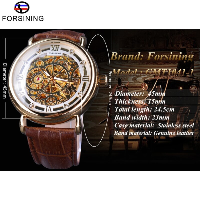 Forsining-Relógio de esqueleto automático de trabalho aberto transparente masculino, design real clássico, couro marrom, dourado, marca de topo, moda