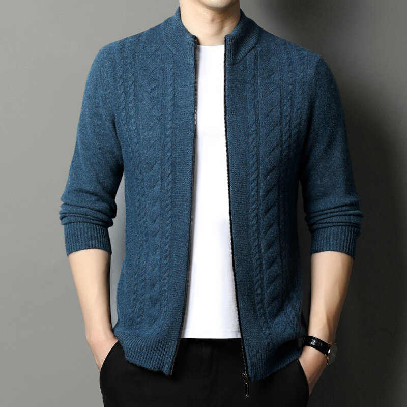 Suéter de lana pura con cuello alto para hombre, cárdigan de punto grueso, suéter informal coreano, ropa de otoño que combina con todo