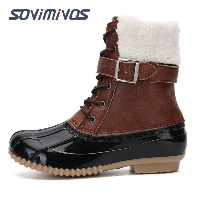 Womens Winter Duck Boots Waterproof Cold Weather Snow Booties Lace Up Ankle High Fringe Collar Duck Padded Mud Rubber Rain Boots
