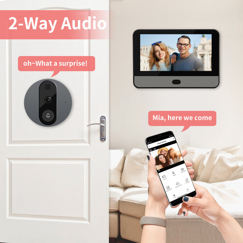 Caméra de porte sans fil 1080P avec moniteur, sonnette intelligente Tuya, WiFi, vidéo, détection de mouvement PIR, pour la sécurité de la maison