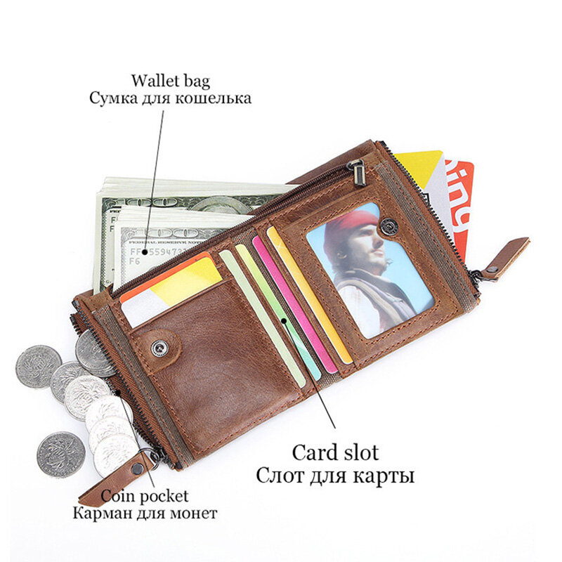 Billeteras de cuero genuino para hombre, portatarjetas RFID originales, regalos de lujo, billetera de alta calidad, cadenas, monederos cortos Vintage