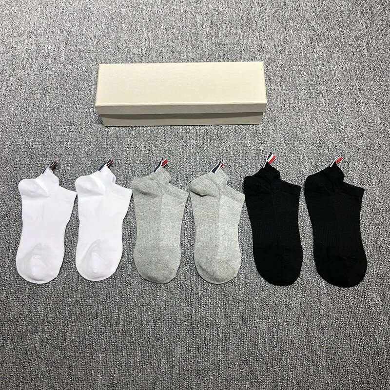 TB Thom-Unisex respirável Sports Socks, cor sólida barco meias, confortável algodão tornozelo meias, branco e preto, 6 pares por caixa