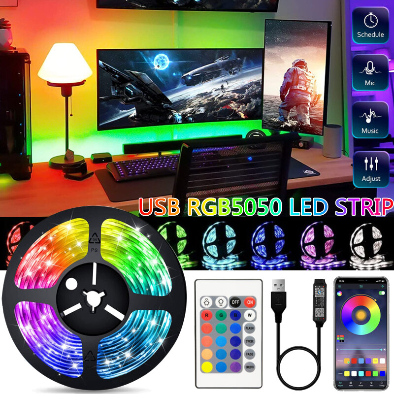 LED 스트립 라이트 RGB 5050 USB 5V 유연한 다이오드 램프 테이프, 음악 블루투스 제어, 45-75 인치 TV PC 화면 모니터 백라이트 장식