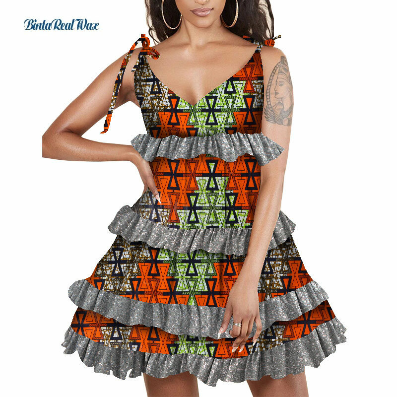 Afryka kobieca sukienka Casual Doube sukienka na ramiączkach afrykański nadruk wielowarstwowe sukienki dla kobiet tradycyjne ubranie afrykańskie WY7993