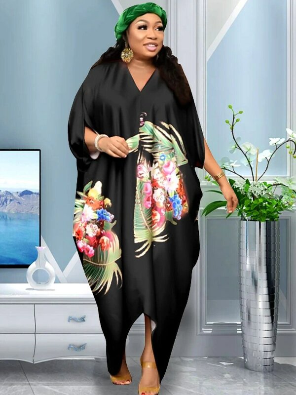Африканское платье для женщин, мусульманский халат Boubou 2022, Модный цветочный принт, Дубай, абайя, кафтан, Арабская одежда индейки