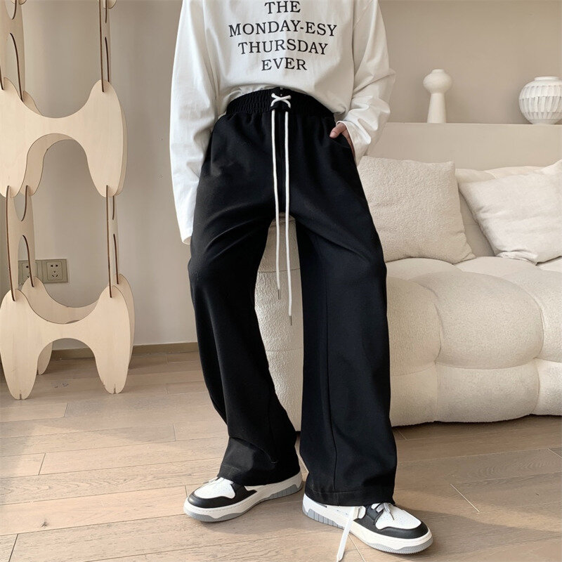 Cinza preto casual calças masculinas moda drawstring oversized ampla perna calças masculinas estilo coreano solto calças retas dos homens