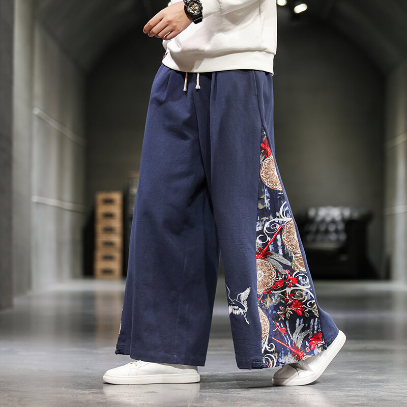 Mens Spring Chinese Style Wide Leg Flared Pants Men's National Style Print Casual Pants Kung Fu Pants Hanfu Traditional