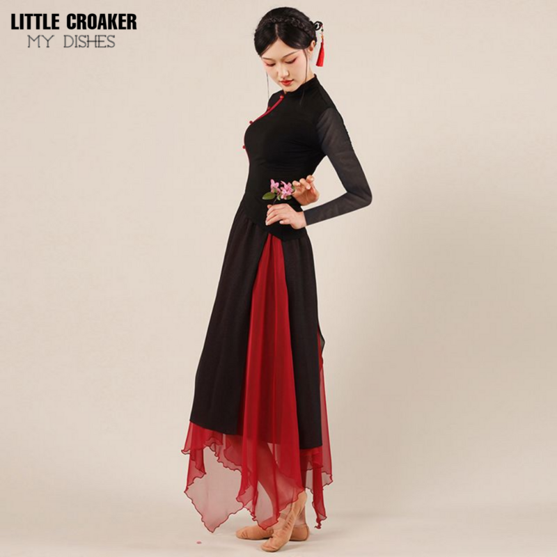 Vestido de dança clássica para mulheres, vestido com corpo preto estilo chinês, traje cheongsam, roupa de palco nova