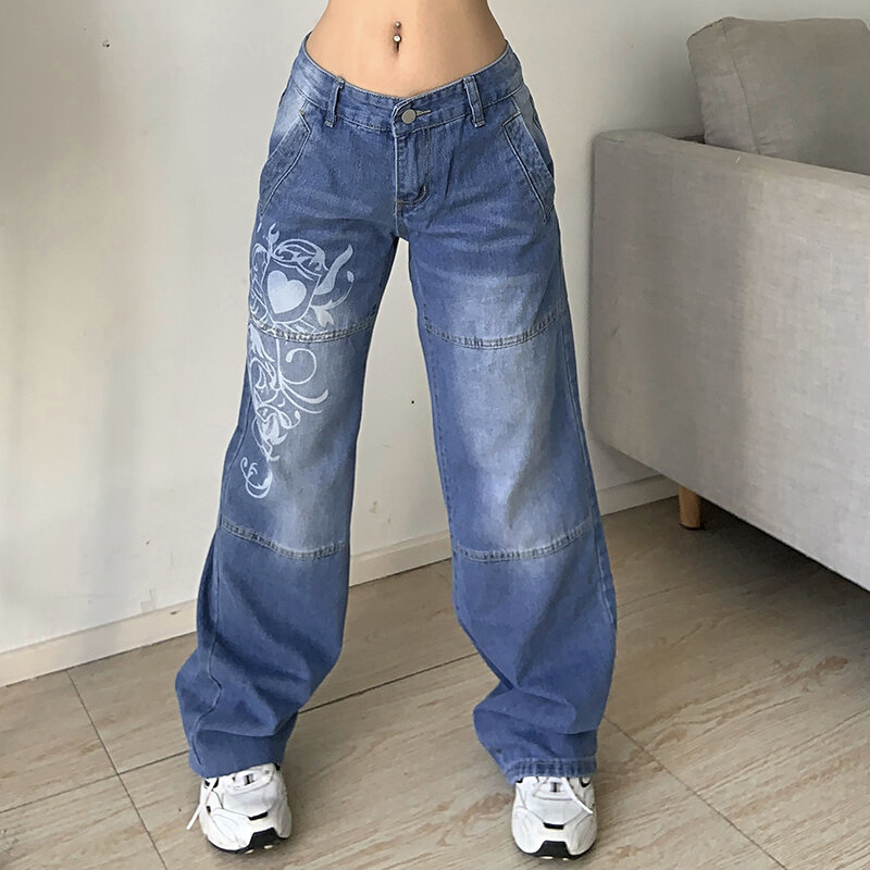Vintage impresso jeans y2k cintura alta streetwear 90s calças de brim femininas calças de brim harajuku carga reta perna larga jean