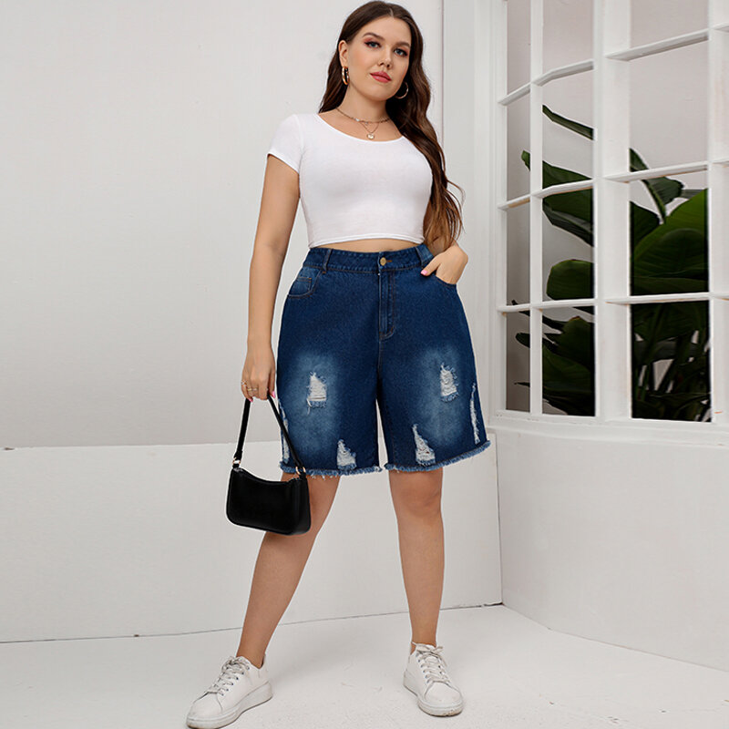 Mais tamanho de cintura alta em linha reta jeans shorts feminino cor sólida solto buracos botão casual bolso 2022 primavera verão moda denim