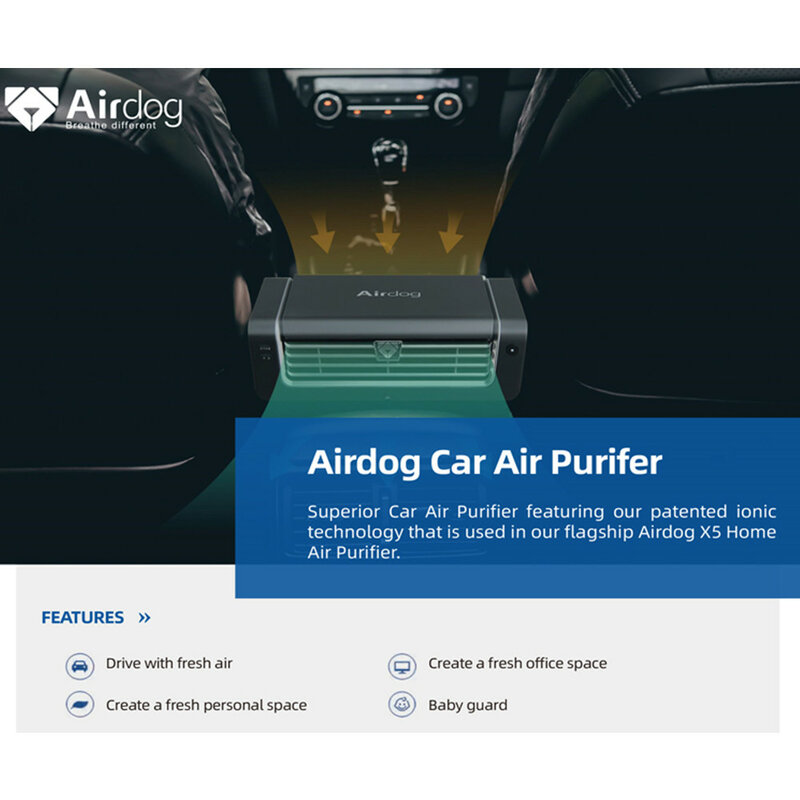 Airdog-purificador de aire portátil para coche, potente e inteligente, ionizador, tecnología TPA, humo de cigarrillo