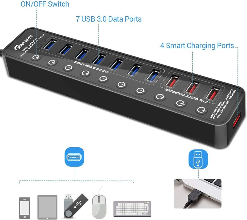 Hub USB 3.0 Bertenaga Apanage Baru, 11 Port USB Hub Splitter (7 Port Transfer Data Kecepatan Tinggi + 4 Port Pengisi Daya Pintar) dengan