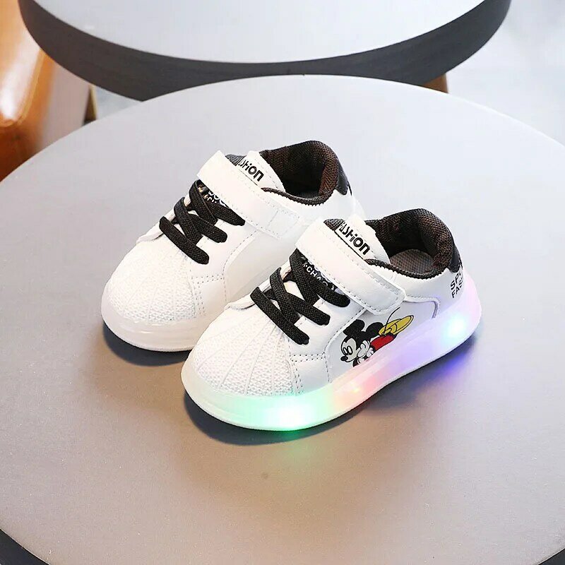 Disney Mickey Minnie Children's Cartoon Bright Boots Boys Girls with Soft Soles and Non-slip Light Shoes Baby Toddler Sneakers